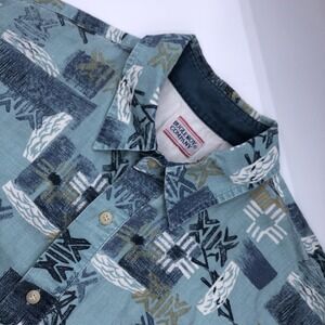 VTG 90s Bugle Boy Button Shirt Mens M/L Blue Abstract Hawaiian Camp Short Sleeve
